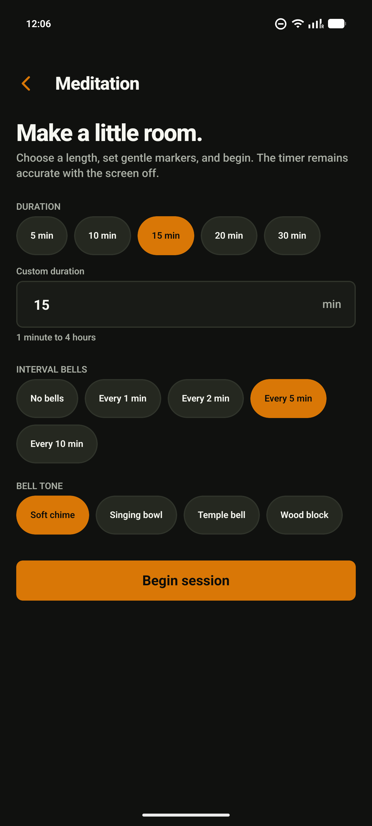 Meditation timer setup