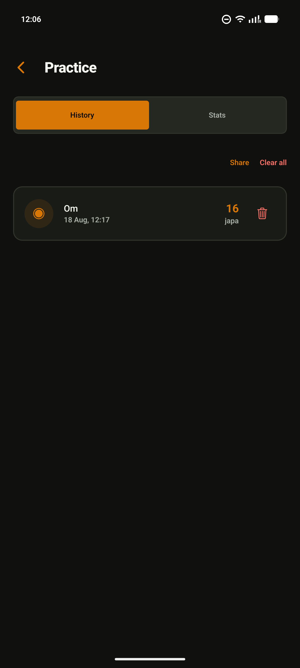 Practice history screen